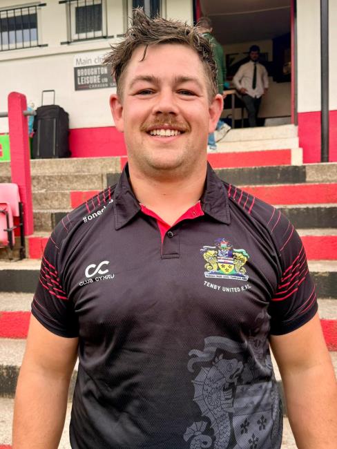 Dom Colman - two tries for powerful Tenby United No 8